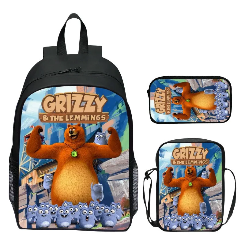 حقيبة ظهر للأطفال مقاس 16 بوصة مكونة من 3 قطع من Grizzy Bear حقيبة ظهر للمدرسة الابتدائية حقيبة كتف مقلمة