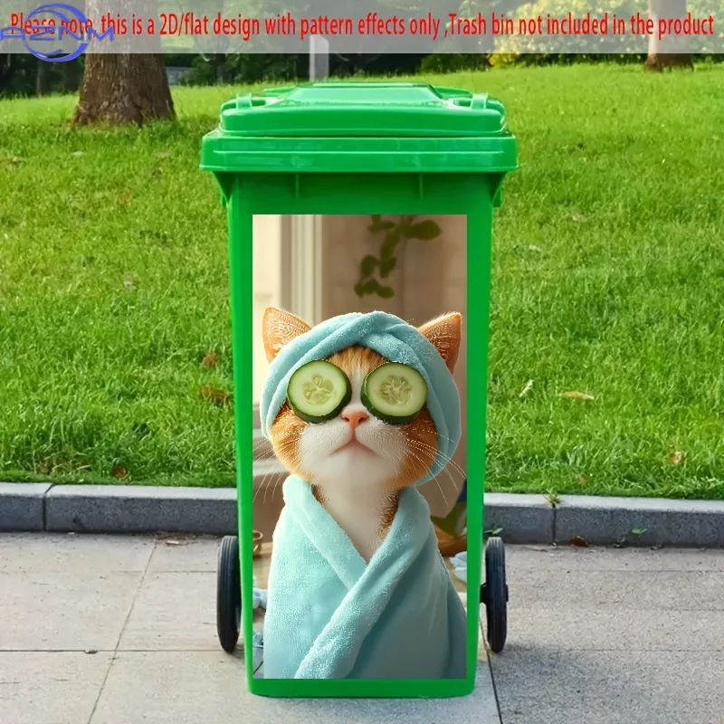 1pc 2D/Flat Trash Can Sticker, .01*cm, depicting a pampered cat with cucumber slices and a towel wrap. Perfect for bringing a