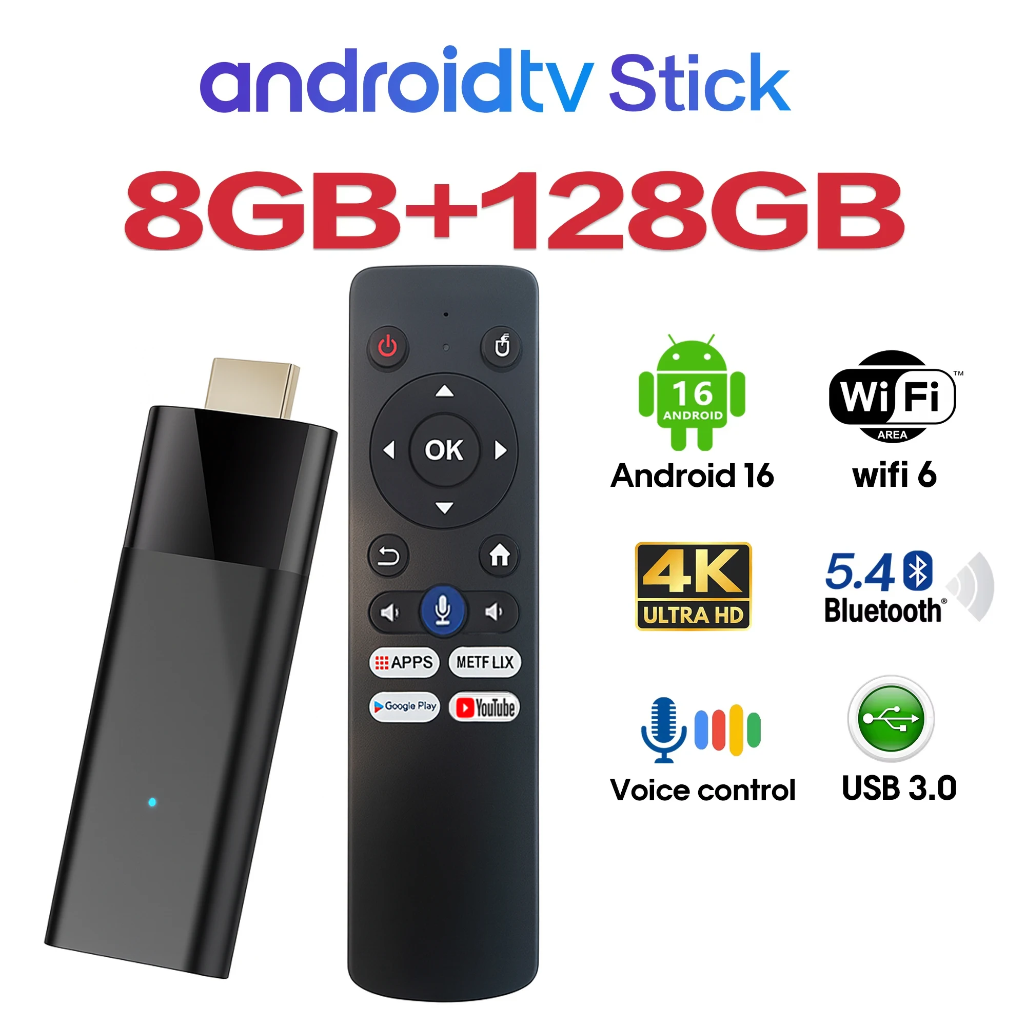 4K Android 16 TV Stick Smart TV Dongle WiFi HDMI Streaming Media Player with Voice Remote Support Netflix YouTube Google Play