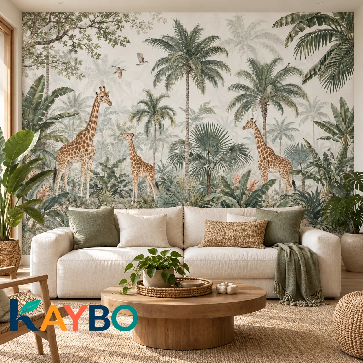 Giraffe Jungle Wall Mural Tropical Safari Forest Wallpaper Palm Tree Animal Decor Non Self Adhesive Kid's Room Nursery Art Decor