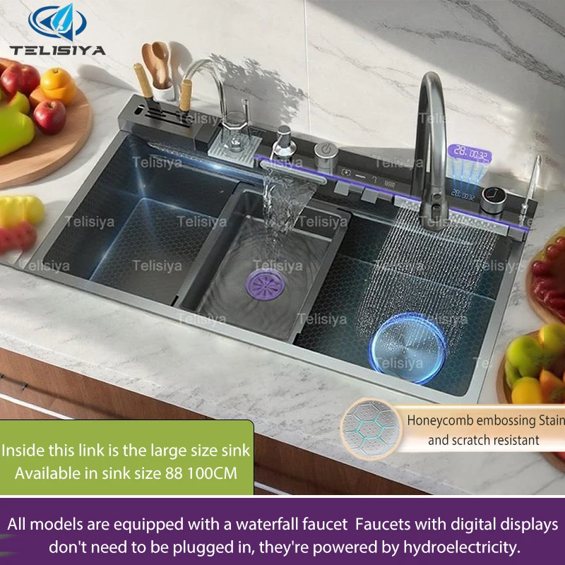 

Stainless Steel Kitchen Sink Multifunctional Digital Display Dishwash Sinks Waterfall Large Single Slot Wash Vegetables Basin