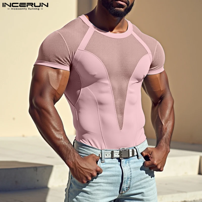 INCERUN topy 2024 moda w stylu amerykańskim seksowne męskie siateczkowe łączenie t-shirty męskie dorywczo elastyczne oddychające koszulki z krótkim rękawem
