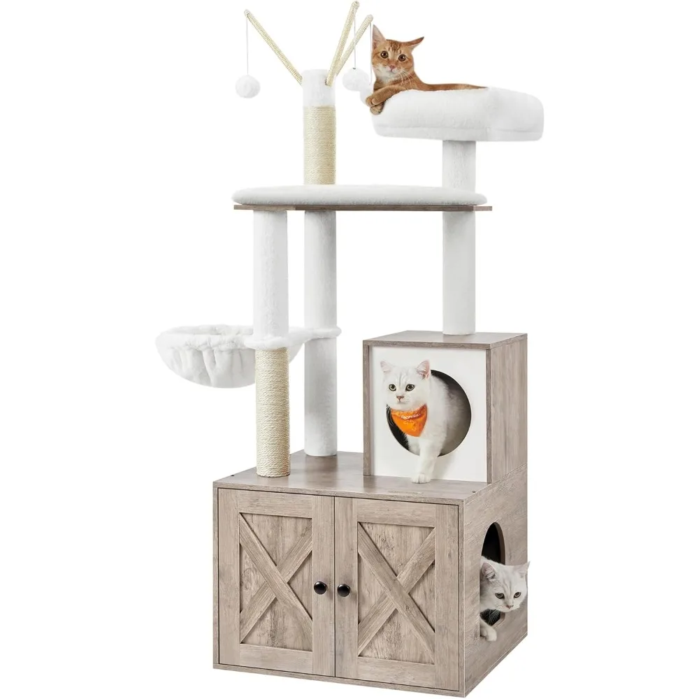 Cat Tree with Litter Box Enclosure, 2-in-1 Modern Cat Tower, 55.1-Inch Cat Condo with Scratching Posts, Removable Pompom Sticks