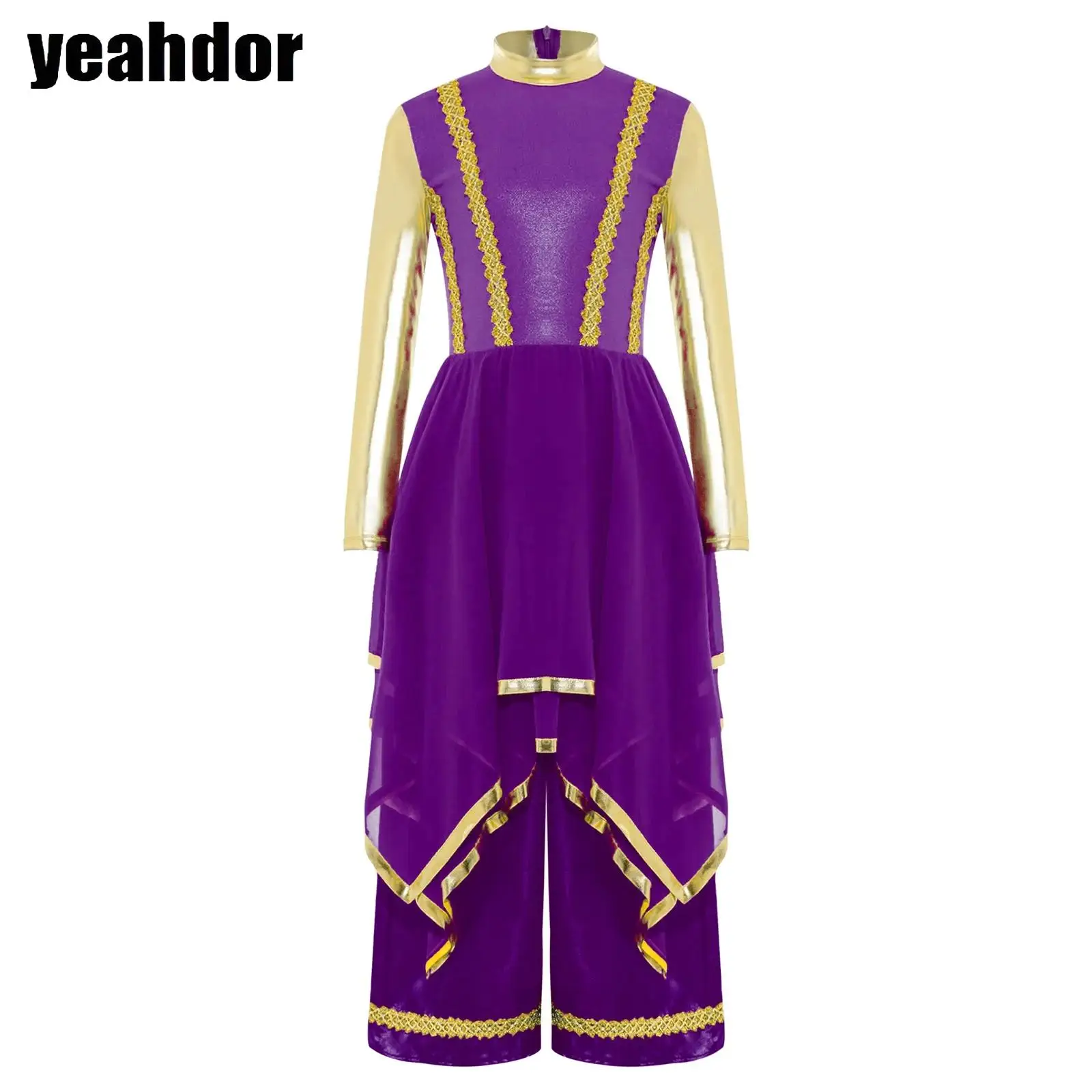 

Girls Liturgical Praise Worship Dance Costume Long Sleeve Gold Trims Metallic Patchwork Irregular Hem Dress with Wide-Leg Pants