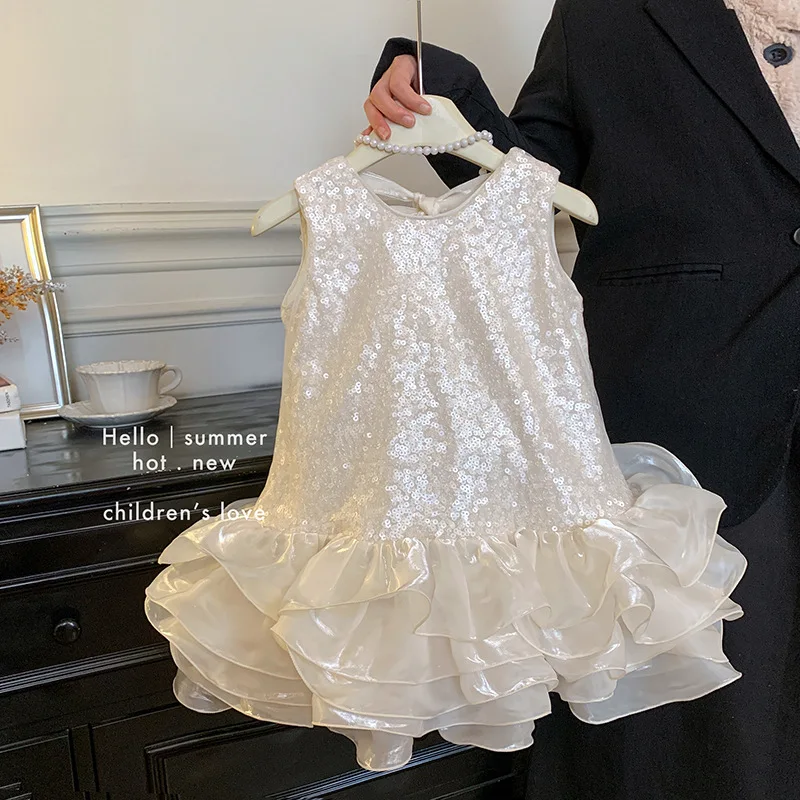 New Summer Toddler1-10Y Girls Cute Bow Sequin Mermaid Dress Sleeveless Tulle Formal Party Dress for 100-140cm