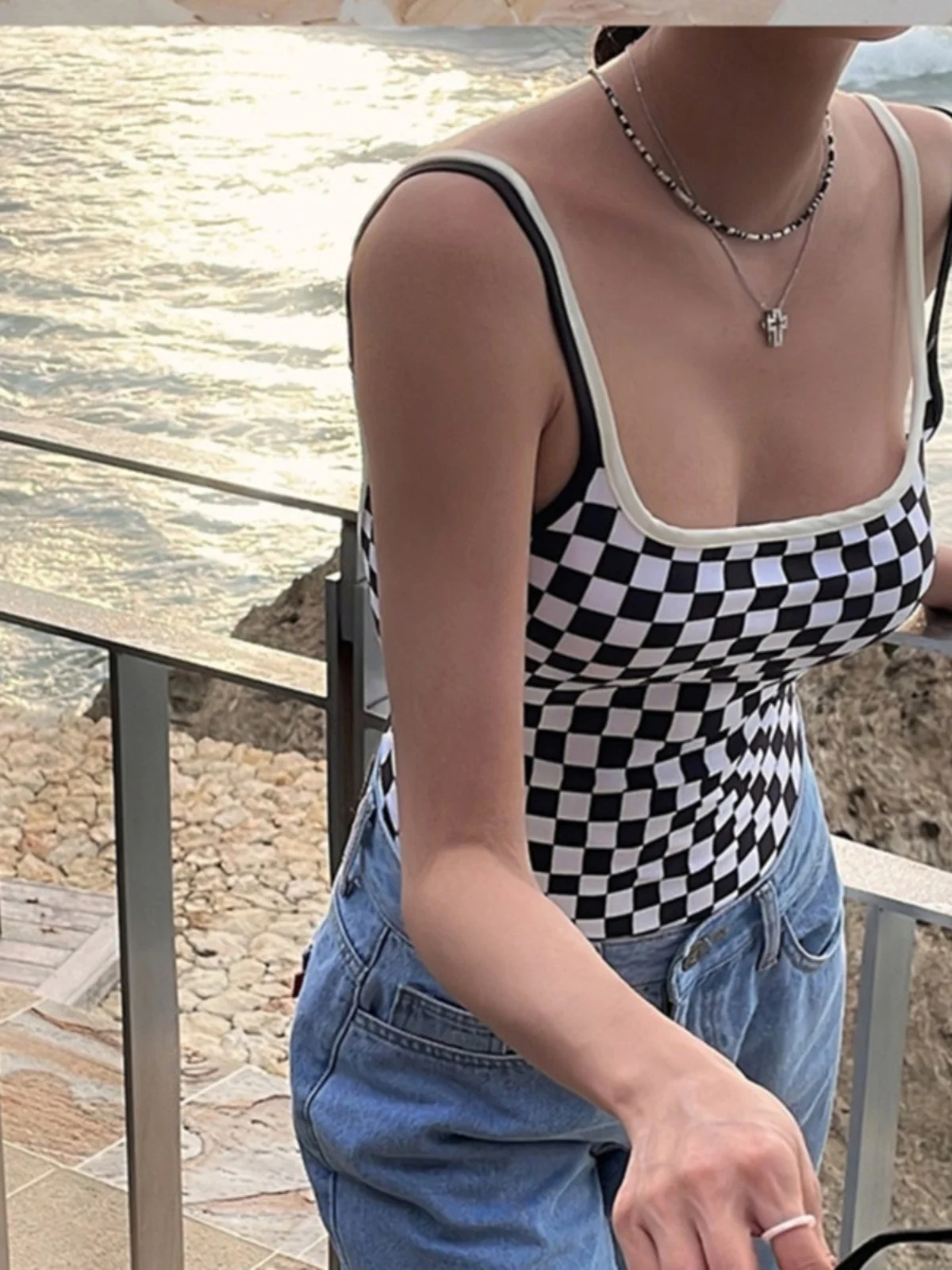 South korea New Ins Sle Chessboard Plaid Color Matching Backless Sling Swimsuit Women Sexy Slimming Girl Conservative Seaside