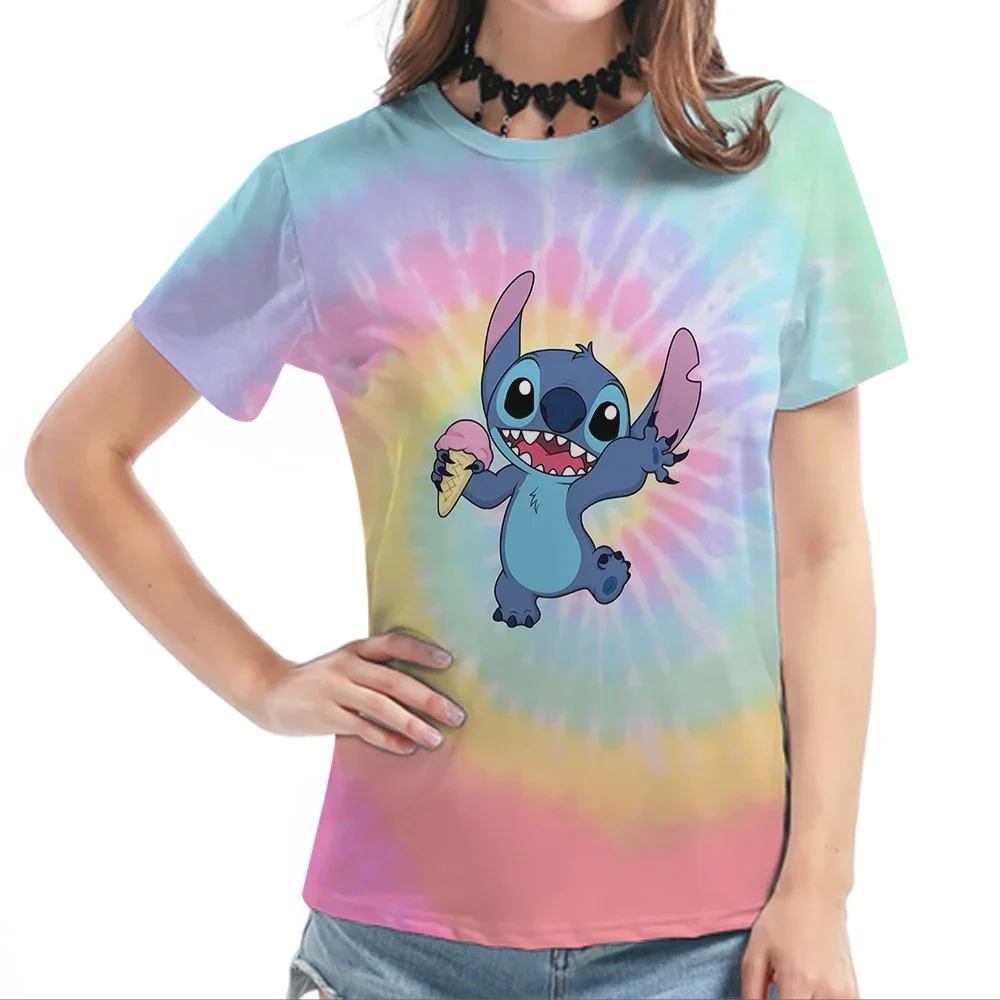 

2024 Summer Disney Lilo & Stitch Clothes 3d Print T-shirt Streetwear Tops Female T-shirt Casual Loose Short Sleeve T-Shirt