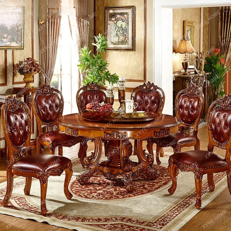 

dining table and chair combination solid wood carving flower marble round table with turntable