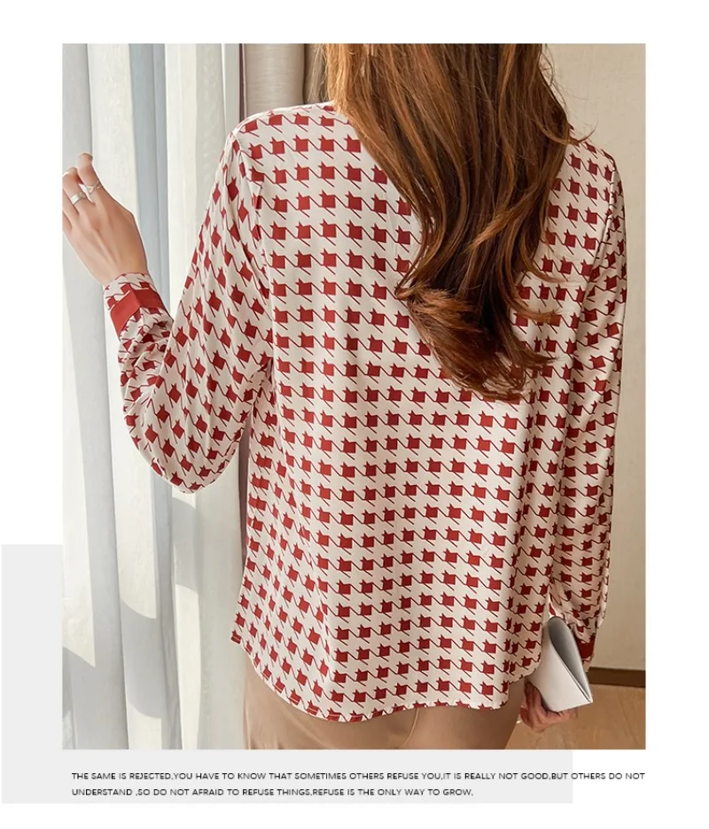 Satin Women\'s Shirts Spring/summer Silk Plaid Vintage Blouses Loose Long Sleeves Women Tops Solid Bow Fashion Clothing