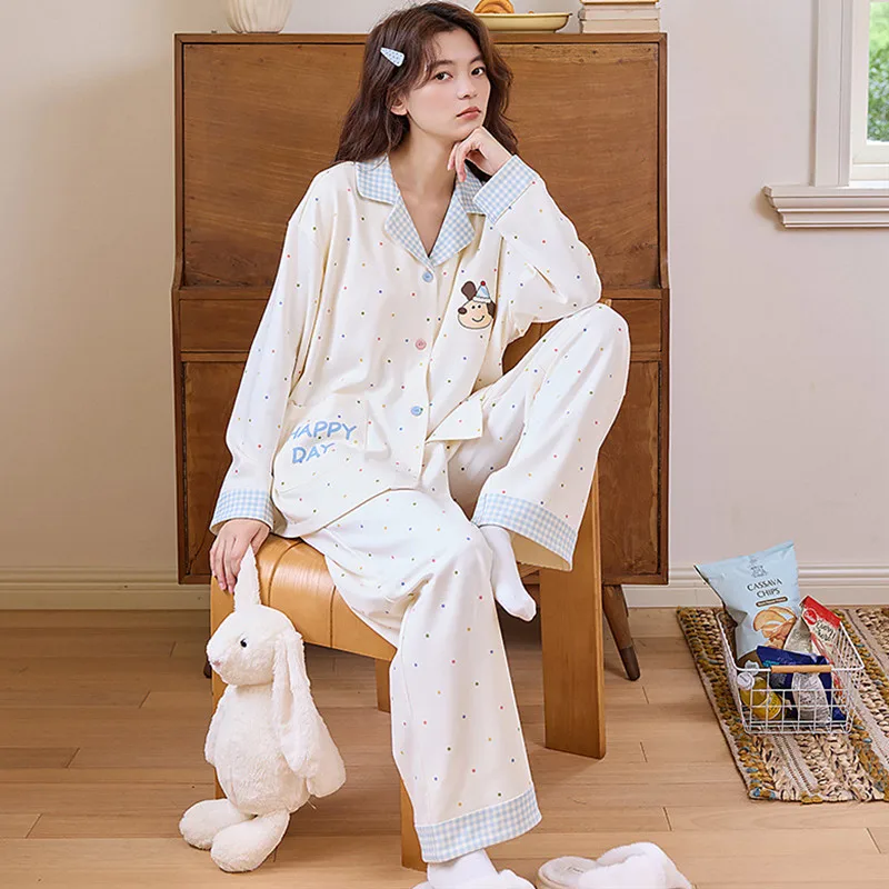 

Pijama Mujer Invierno 100% Cotton Women Pajama Set Lapel Shirt Trousers Sets Casual Home Woman Clothes Spring Autumn Pyjama