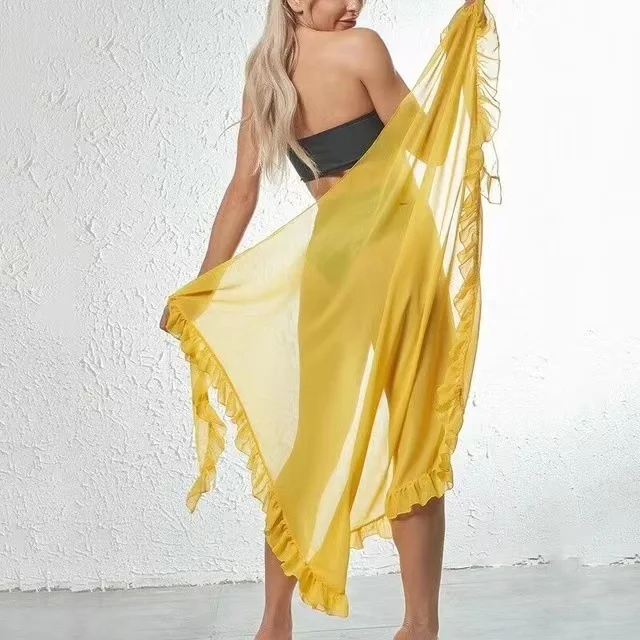 Women Sunscreen Half Dress Sexy Chiffon Swimwear Cover Up Ruffle Solid See Through Summer Kaftan Sarong Beach Long Half Dress