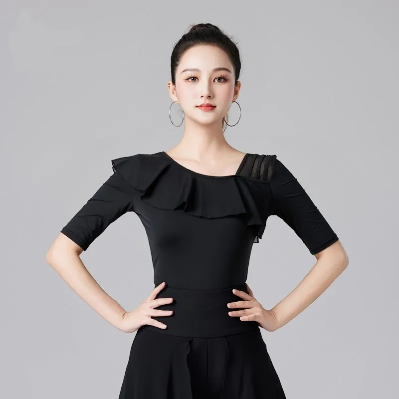 Latin Girls Rhinestones Korean Style Clothing Moden Mesh Patchwork Ballroom Standard Dance Skirts Women Classical Ruffle Tops