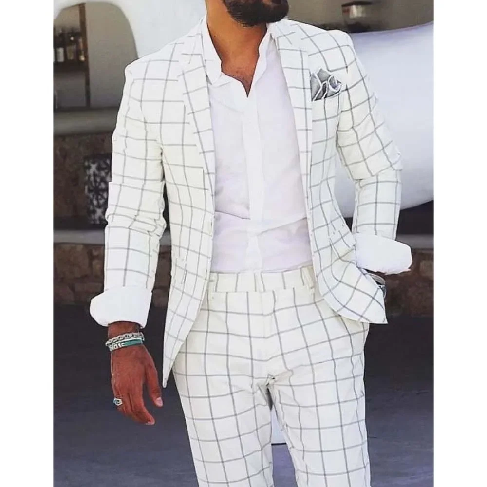 White Plaid Suits for Men Classic Formal Notch Lapel Business Casual 2 Piece Prom Wedding Groom Tuxedo Male Suit Slim Fit 2023