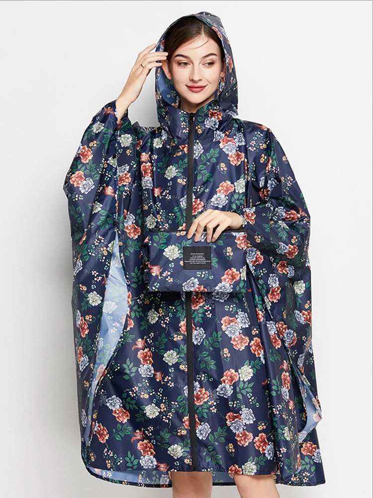 Hooded Rain Poncho Waterproof Raincoat Jacket for Women Adults Print Flower