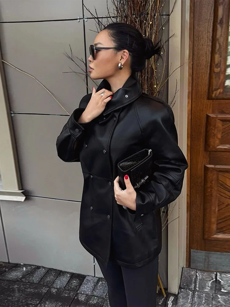 نساء موضة سترات من الجلد الأسود مزدوجة سليم صالح الوقوف طوق معطف 2025 الخريف شارع العليا وتتسابق جديد المرأة أبلى