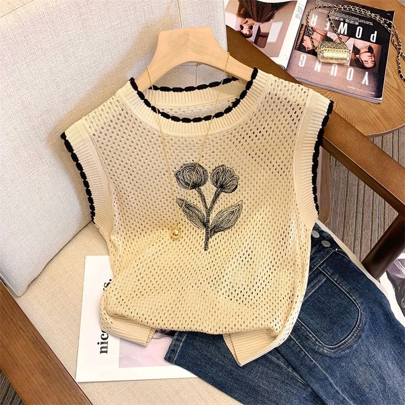 Summer Knitting Hollow Tank Tops Women Camisole Korean Fashion Flowers Luxury Designer Sleeveless Top Slim Fit Women Clothes