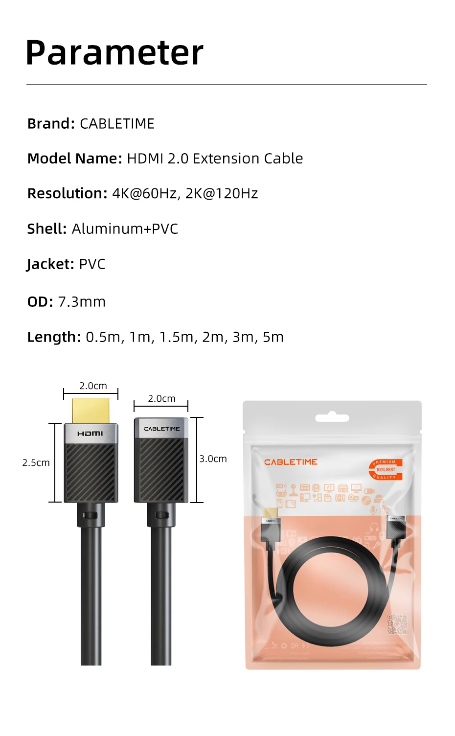 CABLETIME HDMI-Verlängerungskabel 4K 60Hz HDMI 2.0 Adapter Stecker auf Buchse HDMI-Kabel für Switch PS4/3 TV-Box Laptop Projektor HDMI – Detail 10