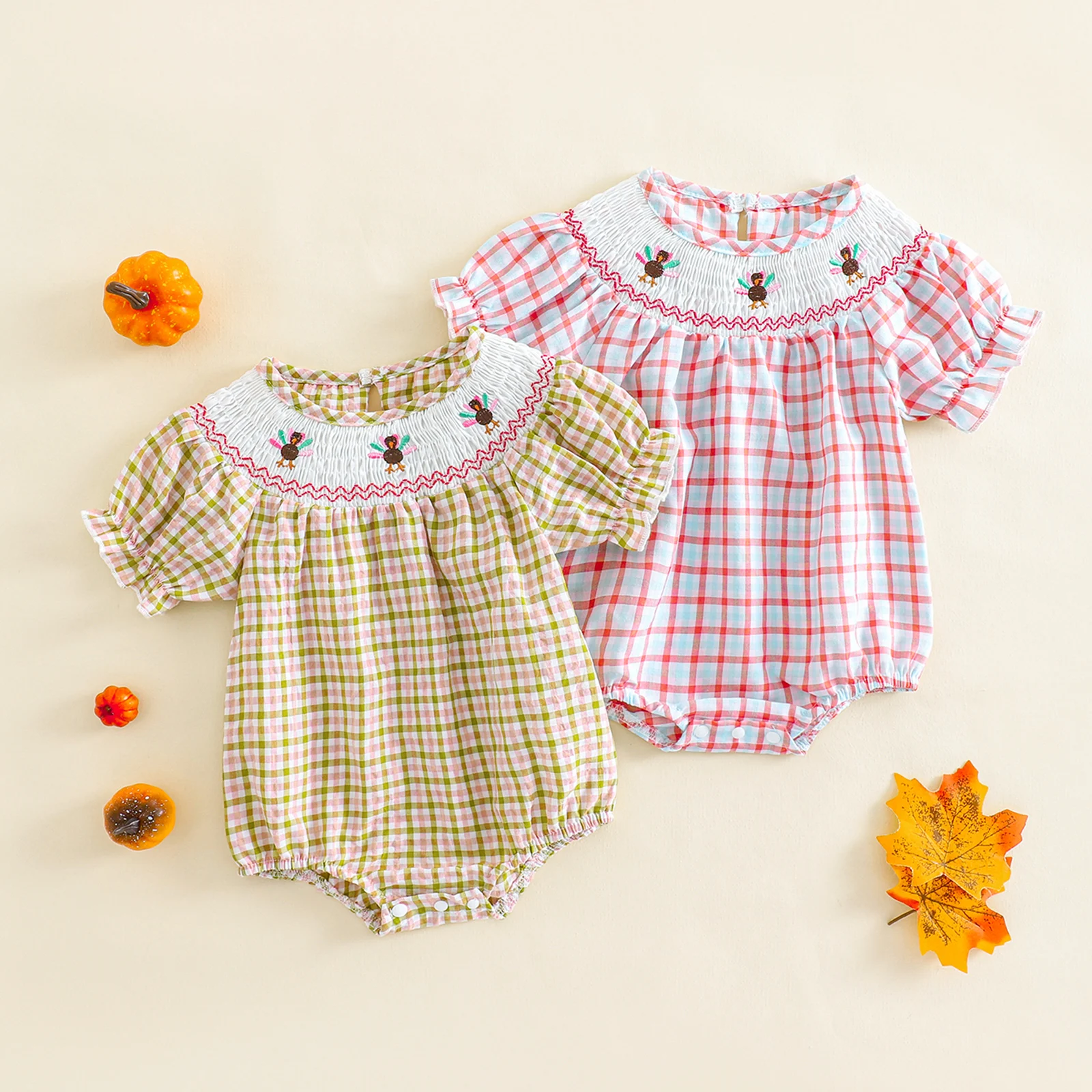 

Lioraitiin Newborn Baby Girls Thanksgiving Romper Casual Turkey Embroidery Plaid Short Sleeve Jumpsuit Toddler Cute Clothes