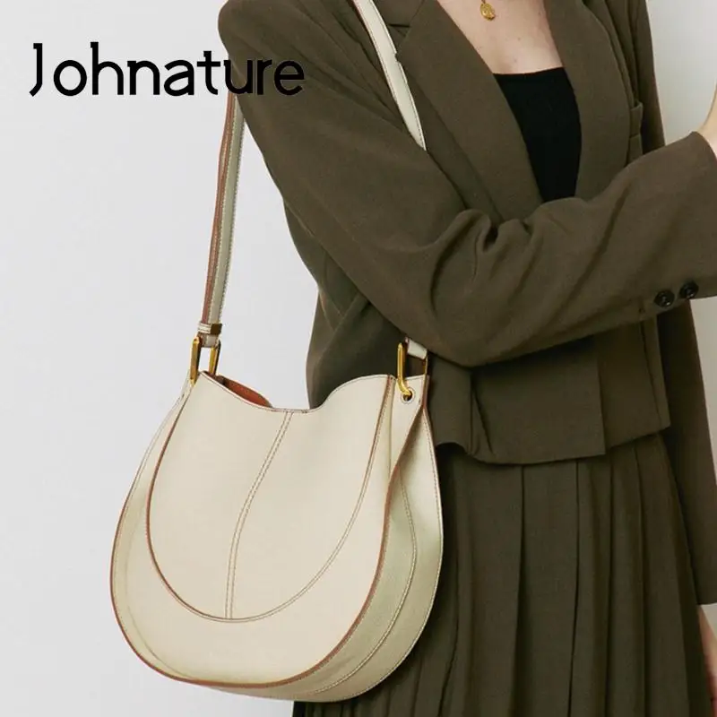 Johnature 2024 New Fashion Women Bag Genuine Leather Versatile Shoulder Bags Solid Color Casual Cowhide Crossbody Bags