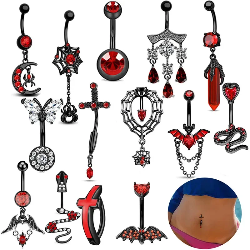 

1PC Red Black Bat Belly Button Ring Surgical Steel Cross Navel Piercing Dangle Snake Belly Button Jewelry Women Piercing Ombligo