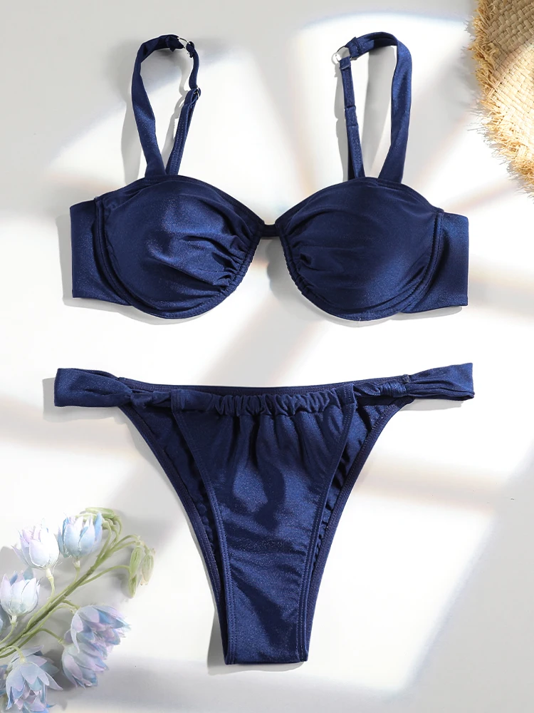 

Купальники бикини с эффектом пуш-ап, темно-синий купальник, женский сексуальный купальный костюм, треугольное бикини, комплект из 2 предметов, пляжная одежда, лето 2023 г.
