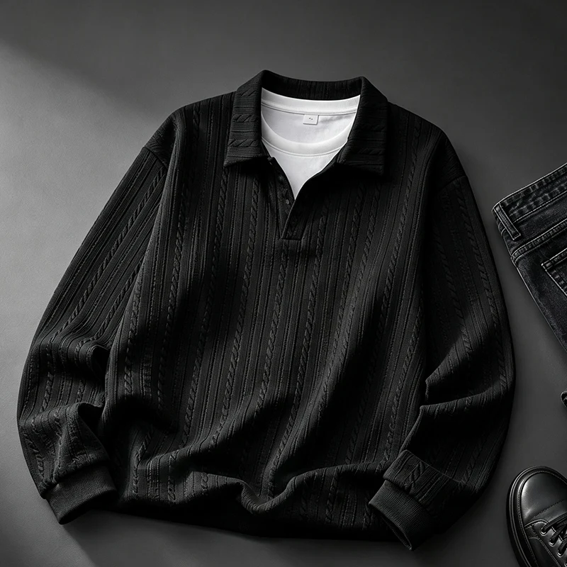 Übergrößen Herren Sweatshirt Schwarz, Zweiteiliges Design, Langarm Poloshirt, 5XL 6XL 7XL, 100-180kg, Große Größen Kleidung – Detail 6