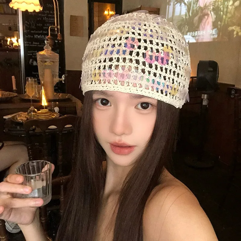 Fashion Colorful Sequins Hollow Out Knitted Beanies for Women Summer Autumn Travel Breathable Versatile Atmosphere Pullover Hat