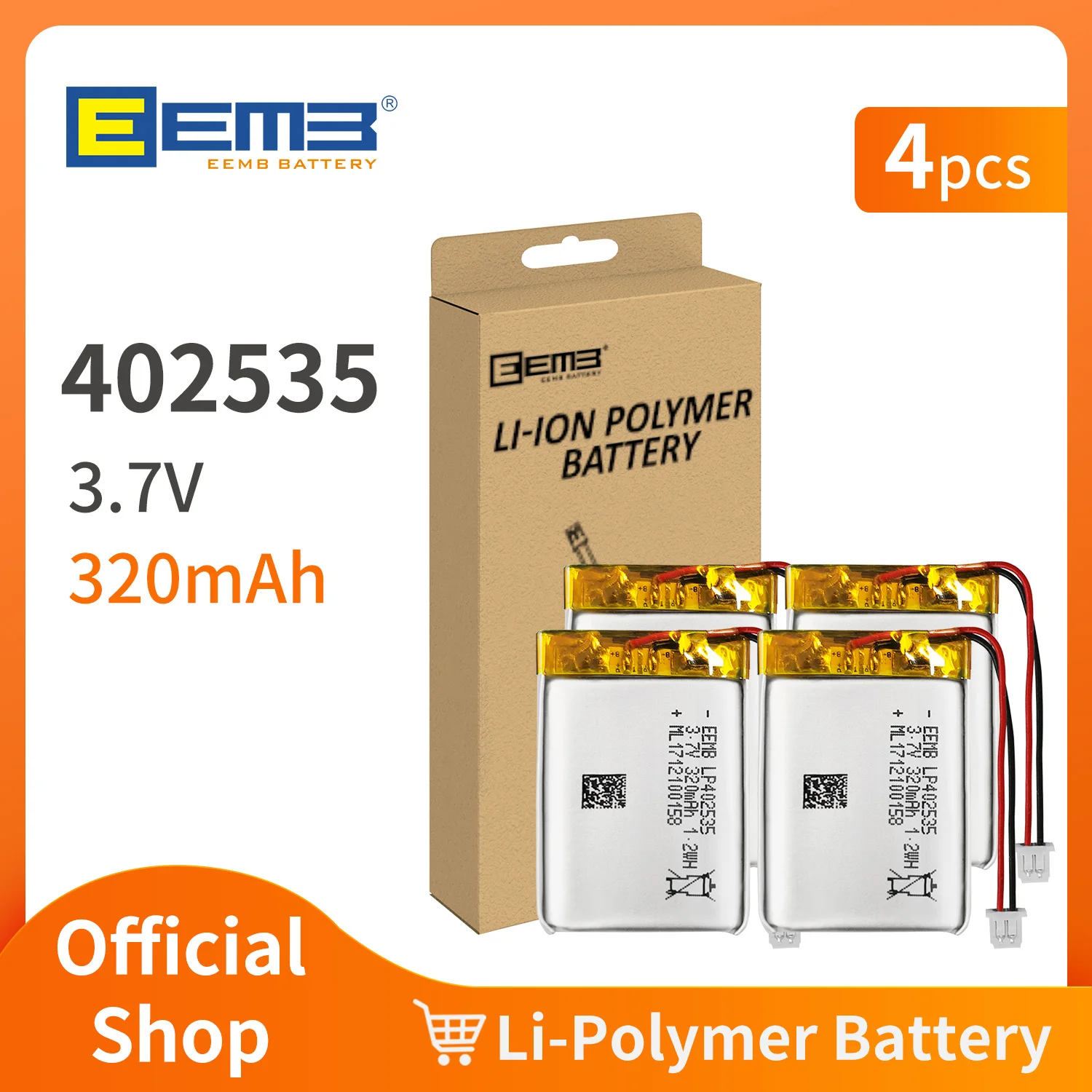 EEMB 4PCS 3.7V Lipo Battery 320mAh 402535 Rechargeable Lithium Polymer ion Battery for Cameras Bluetooth Computers Doorbell WiFi