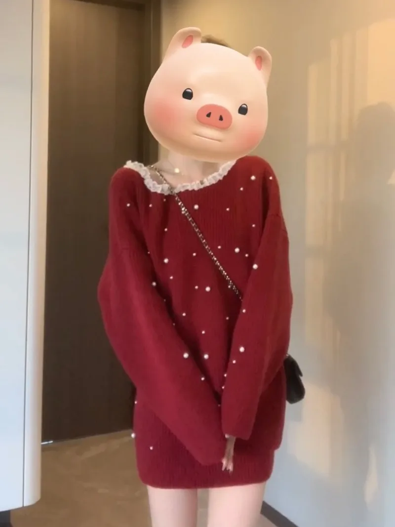 

Sweet Girl Suit Women's Spring/autumn Red Off Shoulder Sweater High Waist Wrap Hip Skirt Two-piece Set Fashion Female Clothes