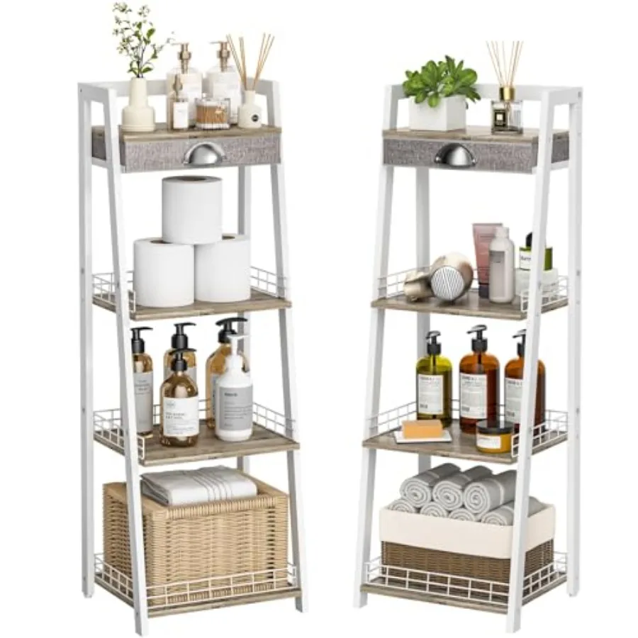

4-Tier Elegant Ladder Shelf, Bathroom Storage Shelf, Ladder Bookshelf with Drawer, Freestanding Storage Shelves for Bathroom Li