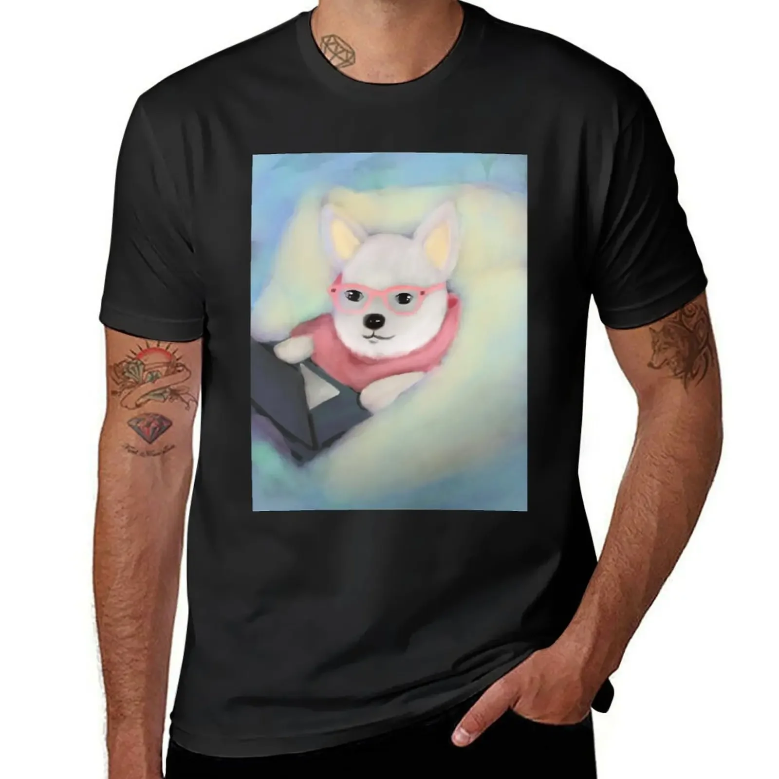 Water coloring dog using laptop T-Shirt graphic t shirts sports fans man clothes fitted t shirts for men