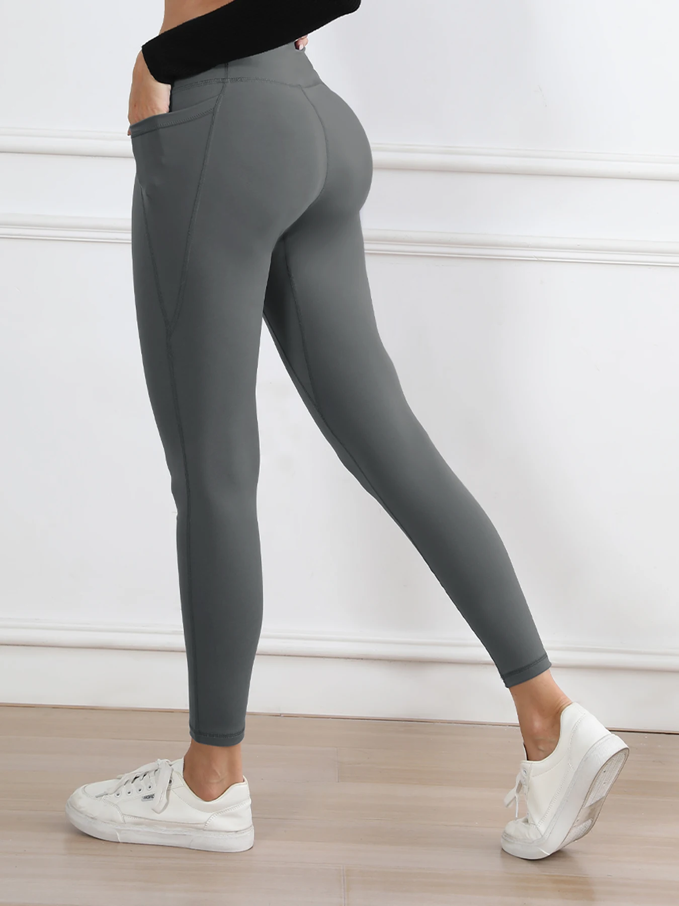 Leggings de sport taille haute pour femmes, avec poches, pantalons de Yoga extensibles, collants Push Up, Fitness, course à pied, pantalons de couleur unie