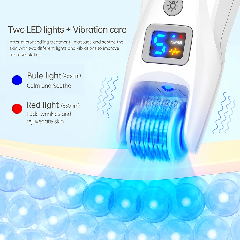 สวัสดีหน้าไมโครแบบไร้สายสำหรับใช้ในบ้านเข็มไทเทเนียม Derma 540เข็มชีวภาพ LED EMS ปรับเกียร์5ระดับพร้อมลูกกลิ้งขัดเท้า2ชิ้น