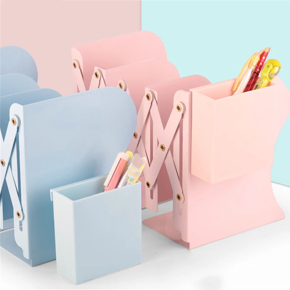1pcs Retractable Desktop Bookends With Pen Holder Large Capacity Three Grids File Organizer Office Desktop Storage Supplies
