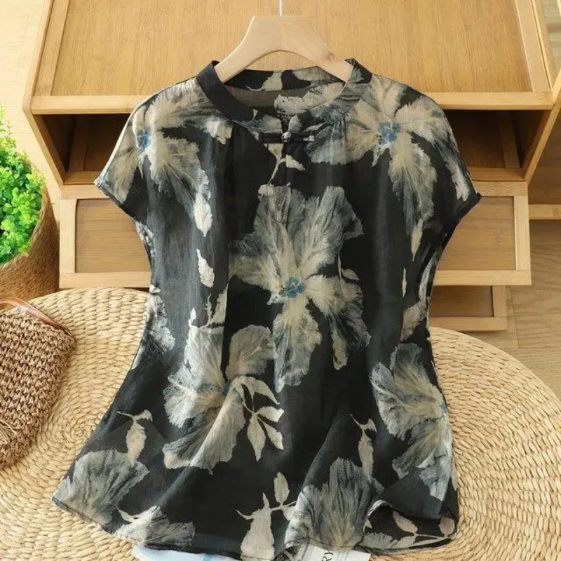 

Women's Vintage Chinese Style Floral Print Linen Sleeveless Blouse Frog Button Top