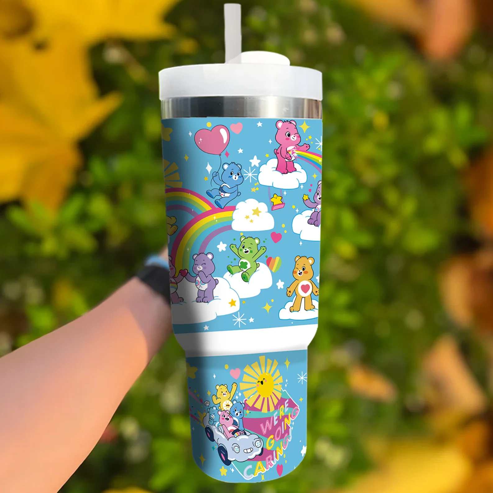 1pc 40oz Sky Blue Cloud Rainbow Heart Care Bears Print Stainless Steel Tumbler with Handle Straw for Car Camping Office Daily