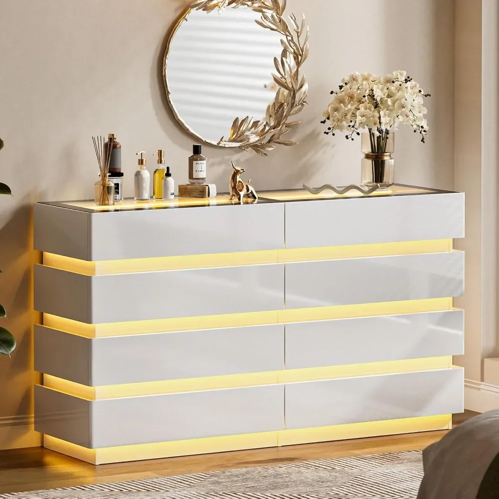 8 Drawer Dresser for Bedroom, White Dresser with Glass Top and LED Light, High Gloss Dresser Chest of Drawers