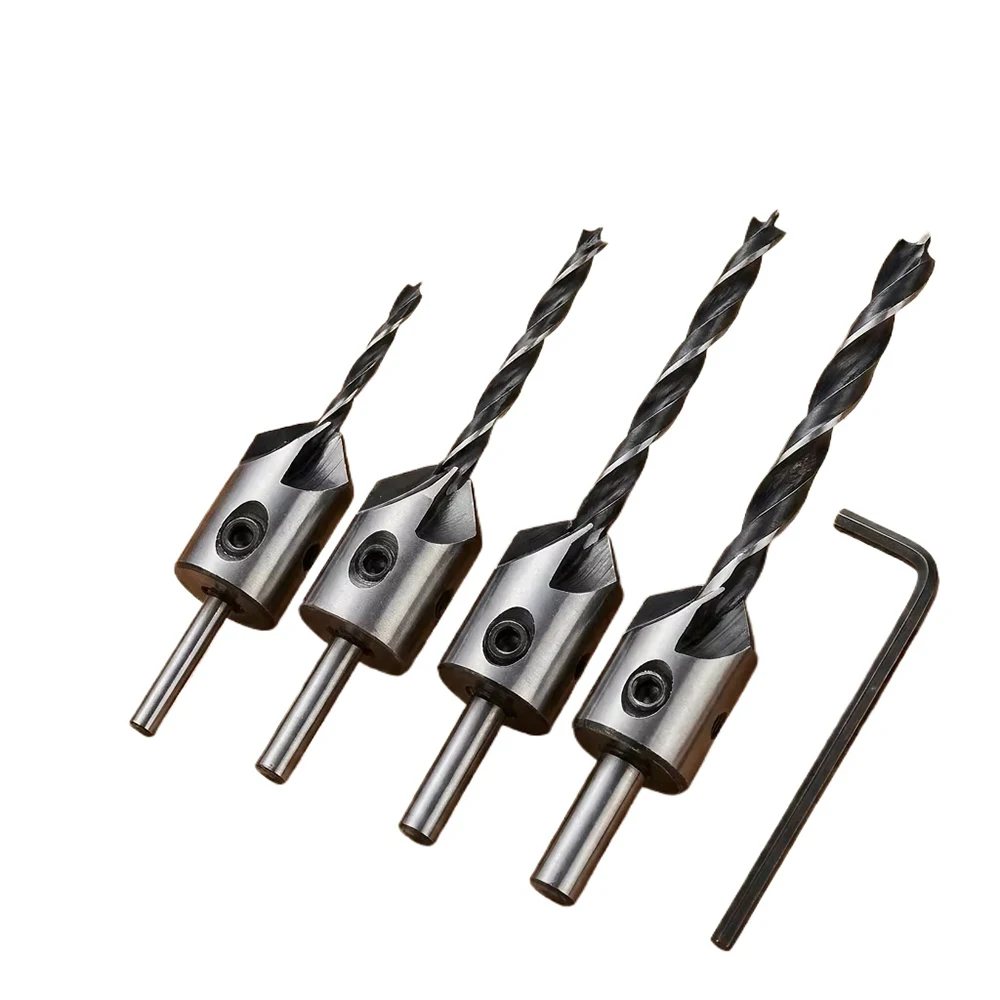 4PCS 3-6mm Three-Pointed Woodworking Counterbore Drill Bit Set Reaming Chamfering Screw Hole Opener Tool for Precise Joinery