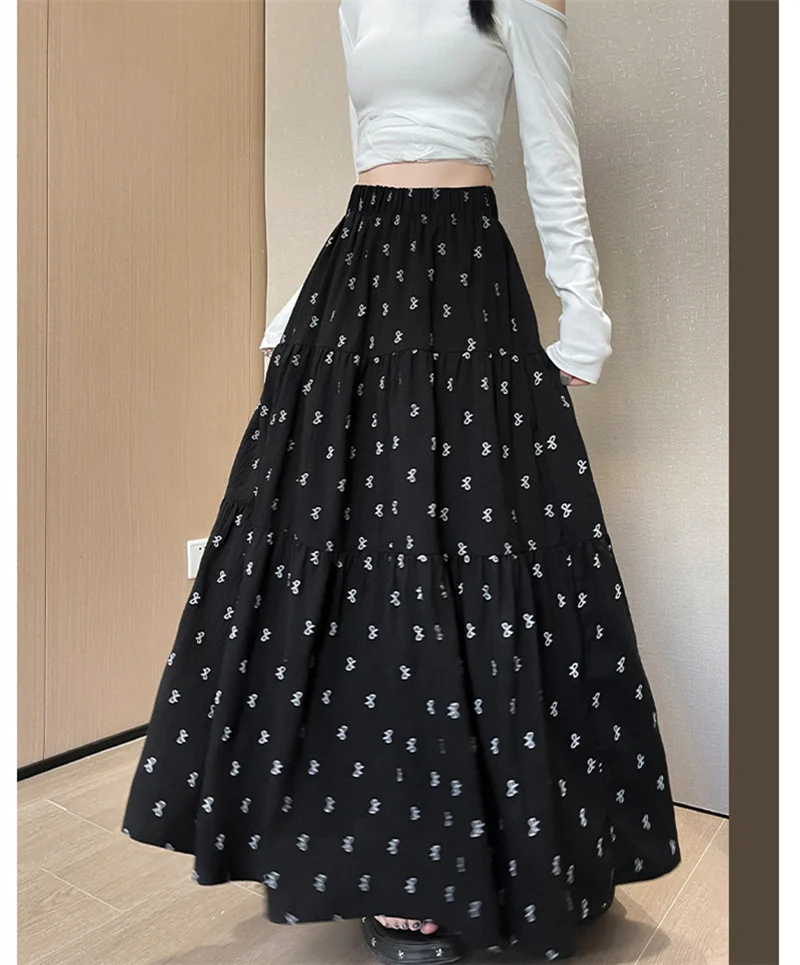 Bow Printing Long Skirt Women Fashion Korean Jupe High Waist Mid Length Skirts 2026 Faldas Mujer De Moda Summer Skirts A-Line