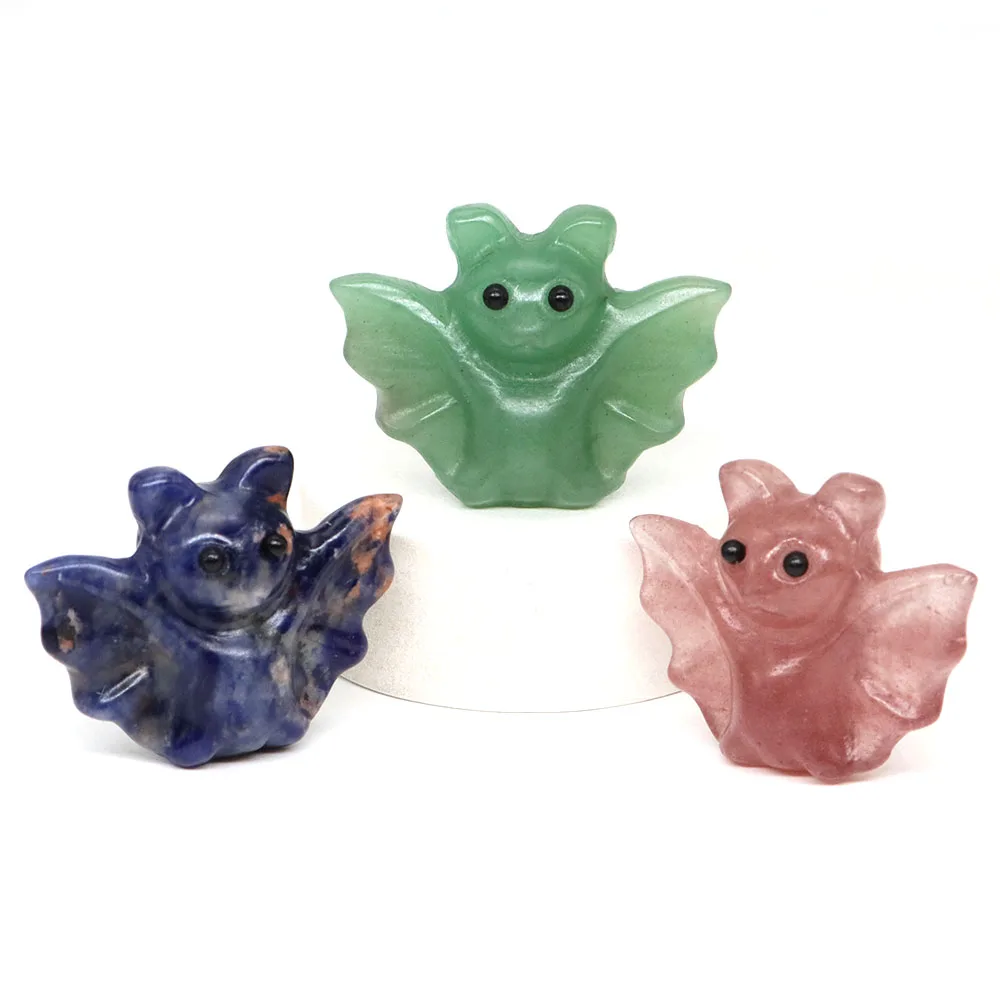 1.6''Bat Statue Natural Stone Healing Crystal Rose Quartz Animal Figurine Hand Carved Gems Crafts