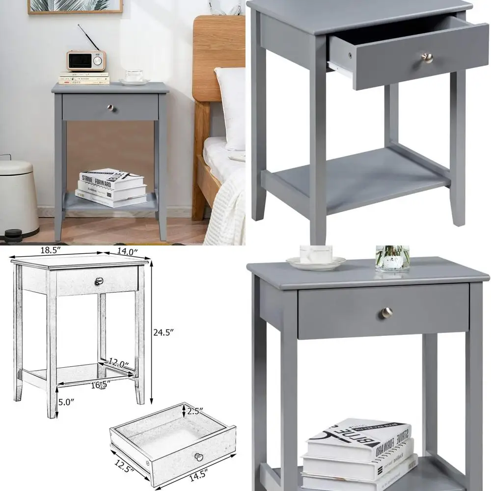 

Современная двухъярусная тумбочка с выдвижным ящиком и полкой, ножками из массива дерева, серый акцентный столик для спальни, гостиной и кабинета