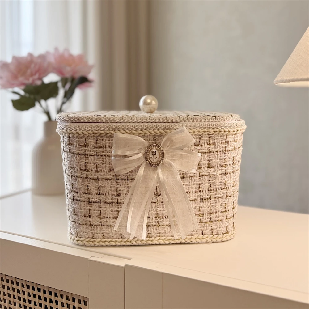

French Cosmetics Storage Box with Lid Desktop Sundries Organize Storage Box Girl's Heart Bow Black Beige Storage Basket