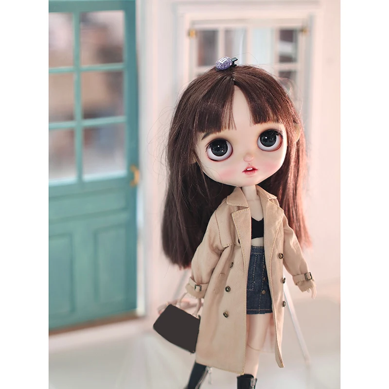 DlBell Autumn Blythe Clothes Fashion Trench Vintage Retros Double Breasted Windbreaker and High Boots for Blyth OB24 Azone Dolls