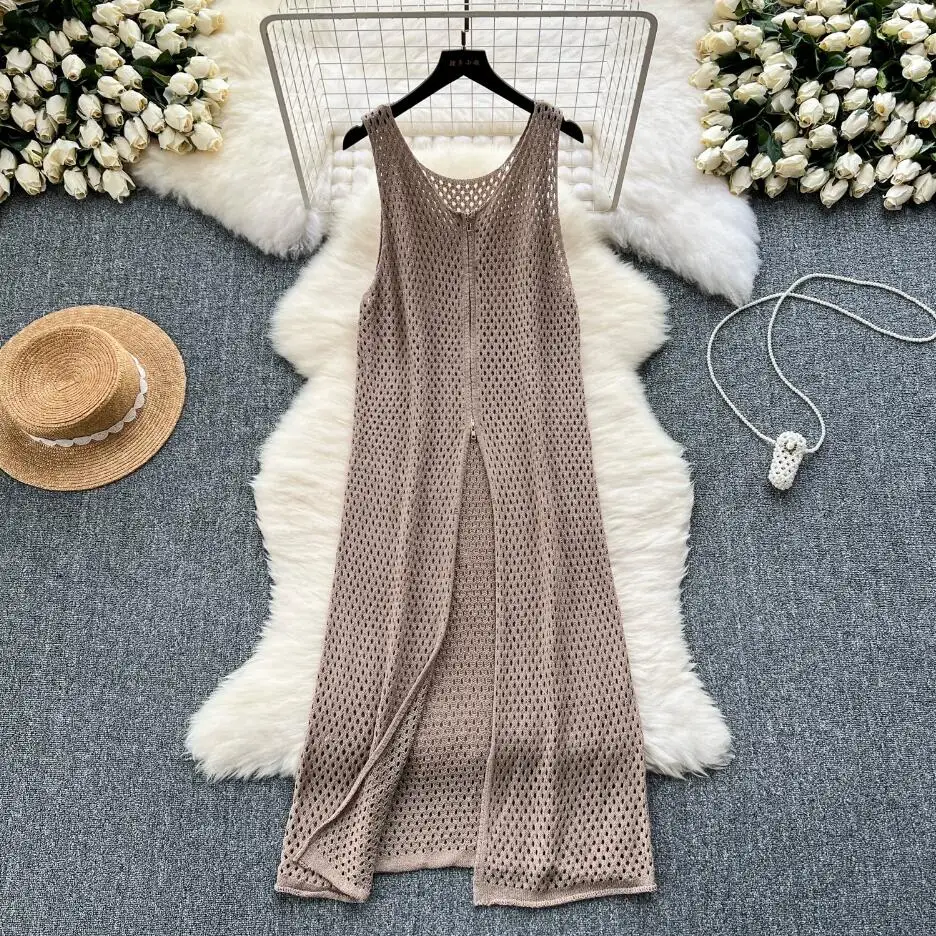 INS Frauen Sommer gestrickt schick Reißverschluss Boho sexy Split Tank langes Kleid lässig aushöhlen elegante Tunika Strand Urlaub Kleid