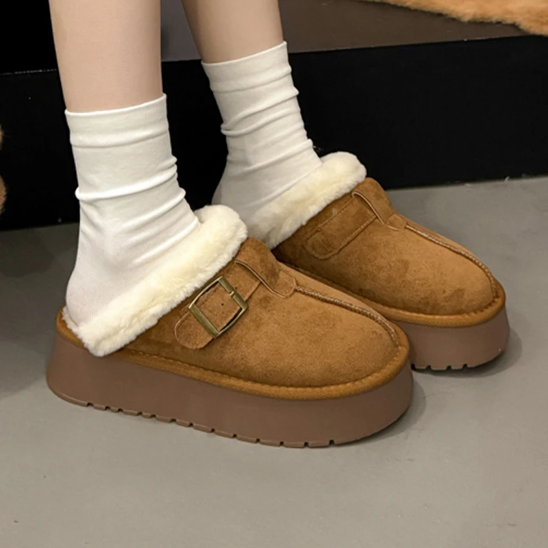 

Fur Women's Slippers Flats Platform Suede Warm Cotton Shoes Fashion Cozy Winter Woman Boots 2025 New Singback Female Snow Botas