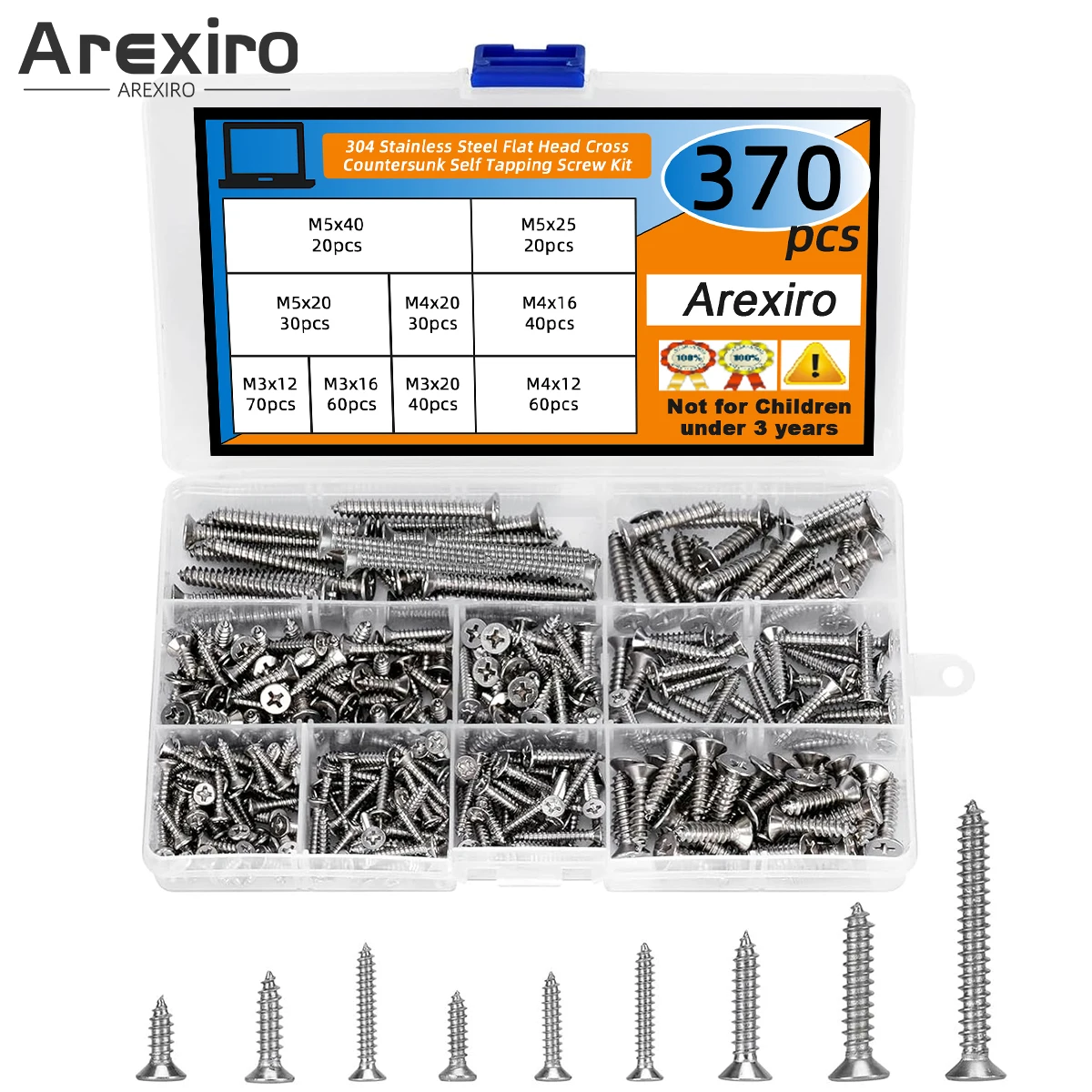 

370Pcs Self Tapping Screws M3/M4/M5 304 Stainless Steel Wood Screws Assortment, Assorted Wood Screws