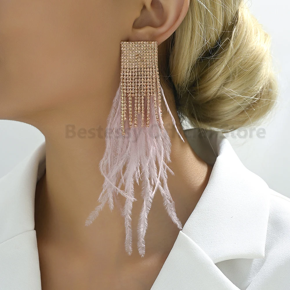 Fashion Long Feather Drop Earrings For Women Inlaid Shiny Crystal Luxury Elegant Tassel Design Ear Pendant Party Vintage Jewelry