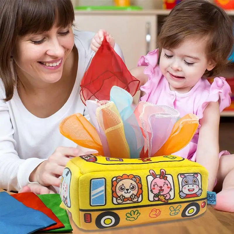 Caja de pañuelos de juguete, juguetes arrugados, caja de bufanda suave colorida, aprendizaje temprano y educación STEM para niños pequeños, niñas, niños y bebés