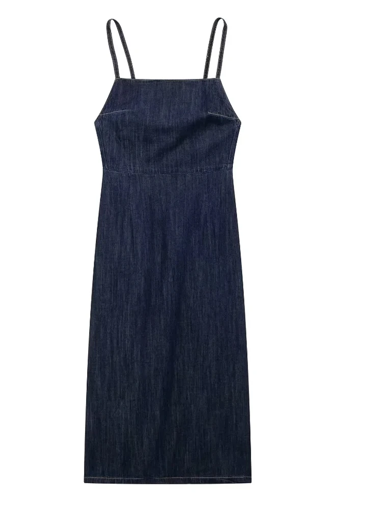 

KAOPU ZA Women back slit denim midi slip dress vintage straight neck thin straps back zipper female dresses vestidos mujer