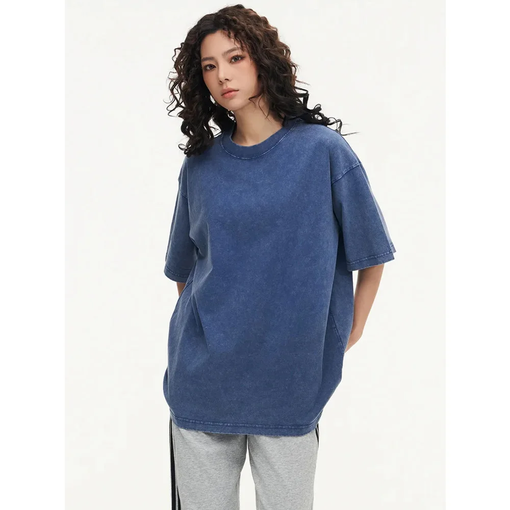 230G Cotton Retro T-shirt Drop-shoulder Sleeve Men Women Vintage Short-sleeve T Shirts Solid Color Hip Hop Loose Tees image 4